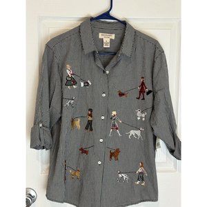 Grandma Chic Gingham Button Down Top Roll Tab Sleeves Embroidered Dogs PL